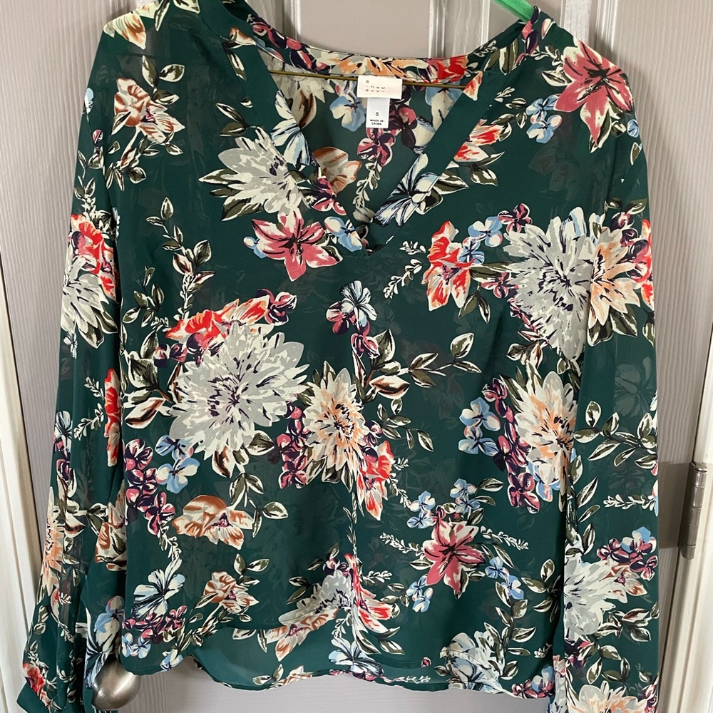 A New Day Green and Red Long Sleeve Sheer Blouse